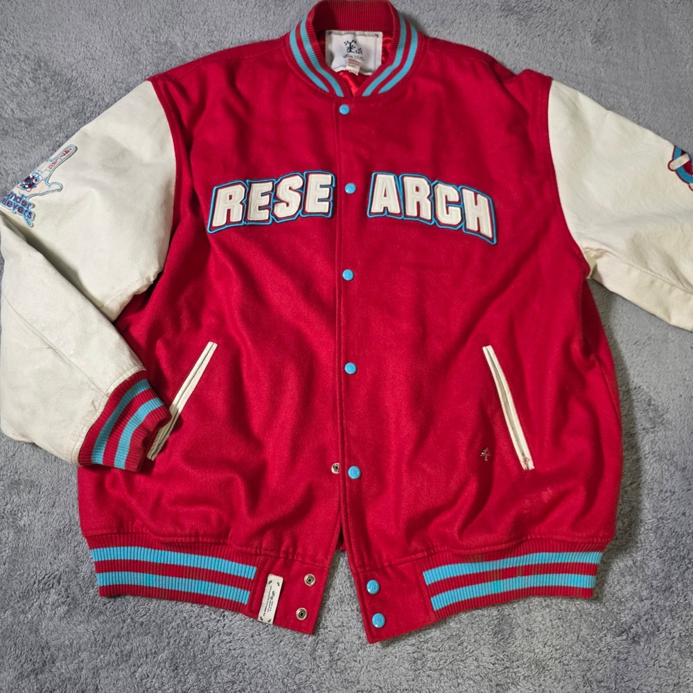 LRG Mens XL Varsity Jacket Red Cream Leather Wool Research Letterman Streetwear